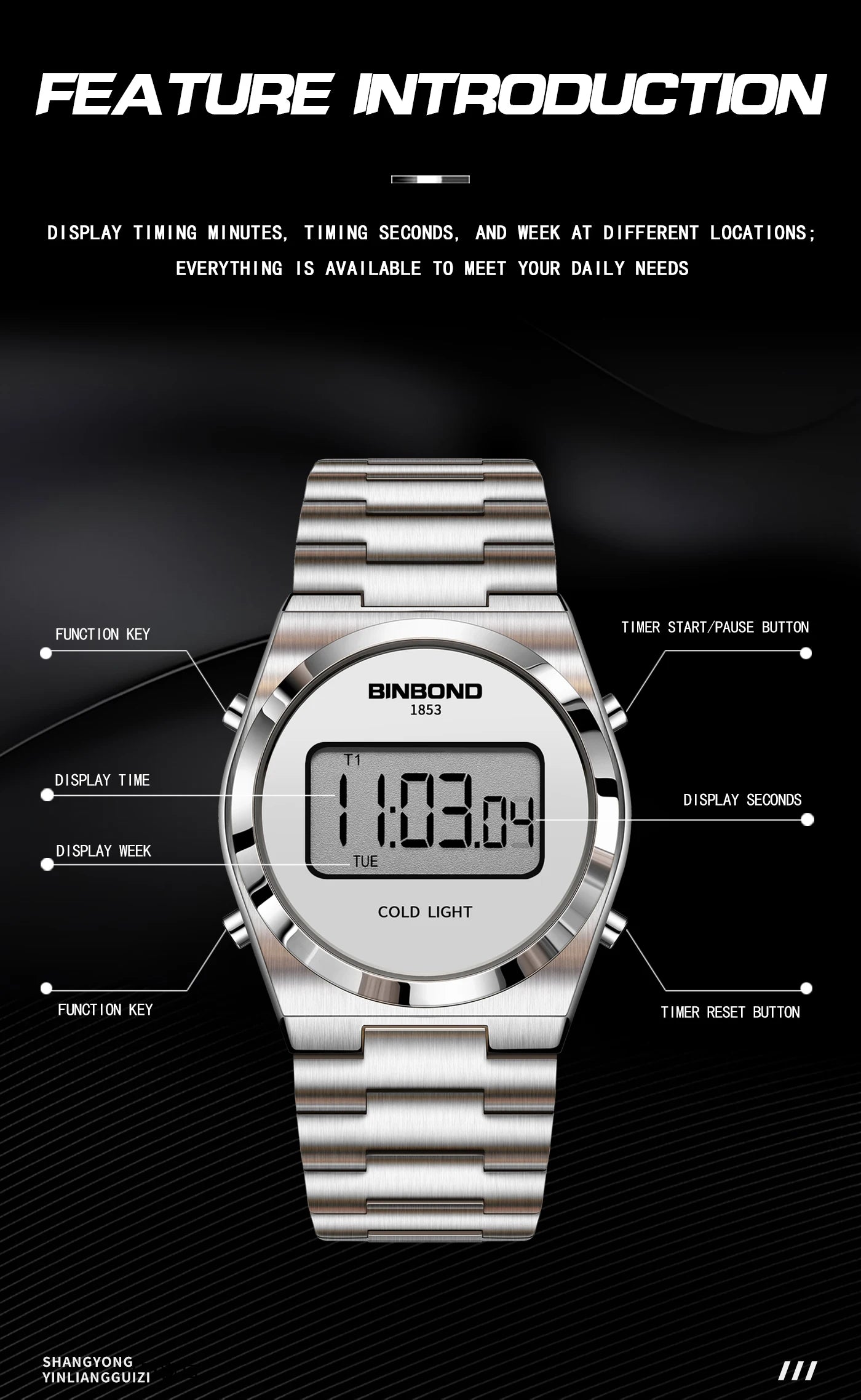 BINBOND New Men Electron Watch Luxury Stainless Steel LED Digital Waterproof Men Wristwatch Luminous Sports Clock Reloj Hombre