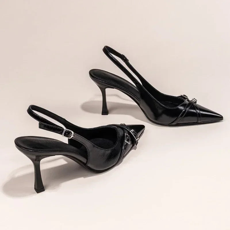 Summer Elegant Buckle Decorated Black Stiletto Women's Sandals Fashion Pointed Toe Shallow Mouth New Sexy High Heels