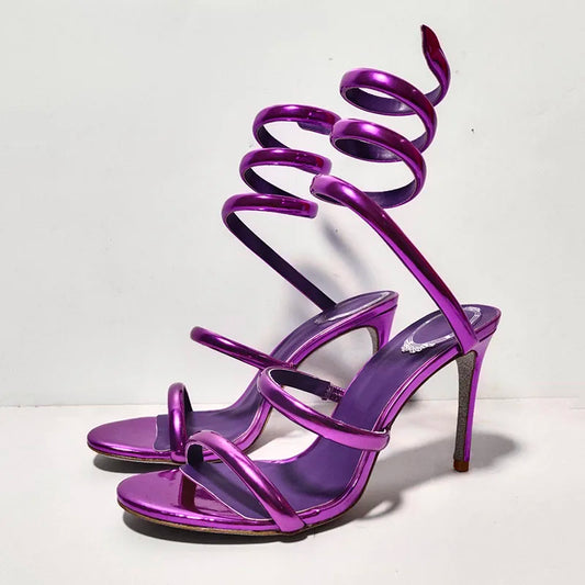 Sexy Thin Heels Sandals Summer Women Real Leather Ankle Snake Shaped Winding Banquet Shoes Summer High Heels Gladiator Sandalias