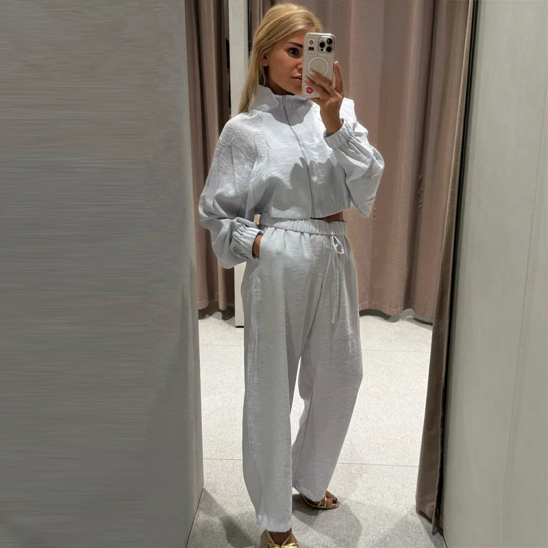 HXAO Women's 2 Piece Tracksuit Set Cropped Jacket Pants Sets Summer Long Sleeve Zip Up Top Wide Leg Trouser Suit Pink Sportswear