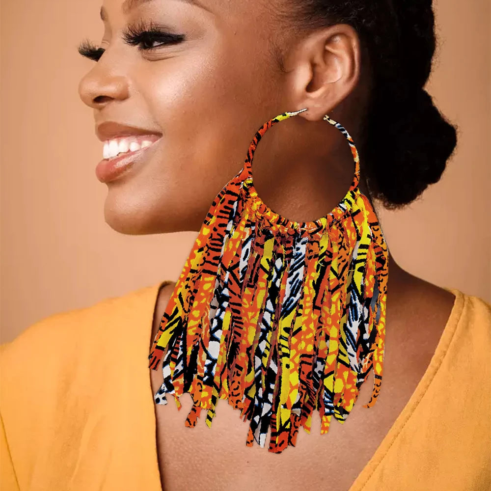 African Fabric Earrings Handmade Drop Tassels Earrings For Women Ethnic African Print Ankara Big Oversized Earings Daily Wear