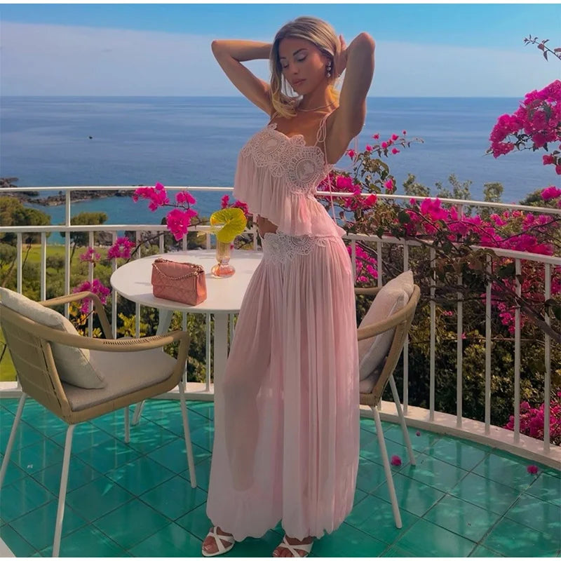 See Through Lace Vest Pant Set Women Beach Sling  Tops Pleated Straight Pants 2026 Summer Vacation Hollow Out Lady Suits
