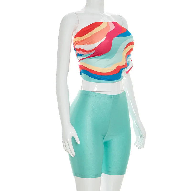 Sexy 2 Piece Set Women Clothes One Shoulder Printed Crop Top and Tight Biker Shorts Matching Sets Outfit Female Streetwear