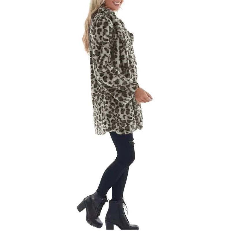 Women Winter Warm Faux Fur Coat Fashion Casual Turn-down Collar Leopard Jackets Ladies Streetwear Long Sleeve Pockets Overcoats
