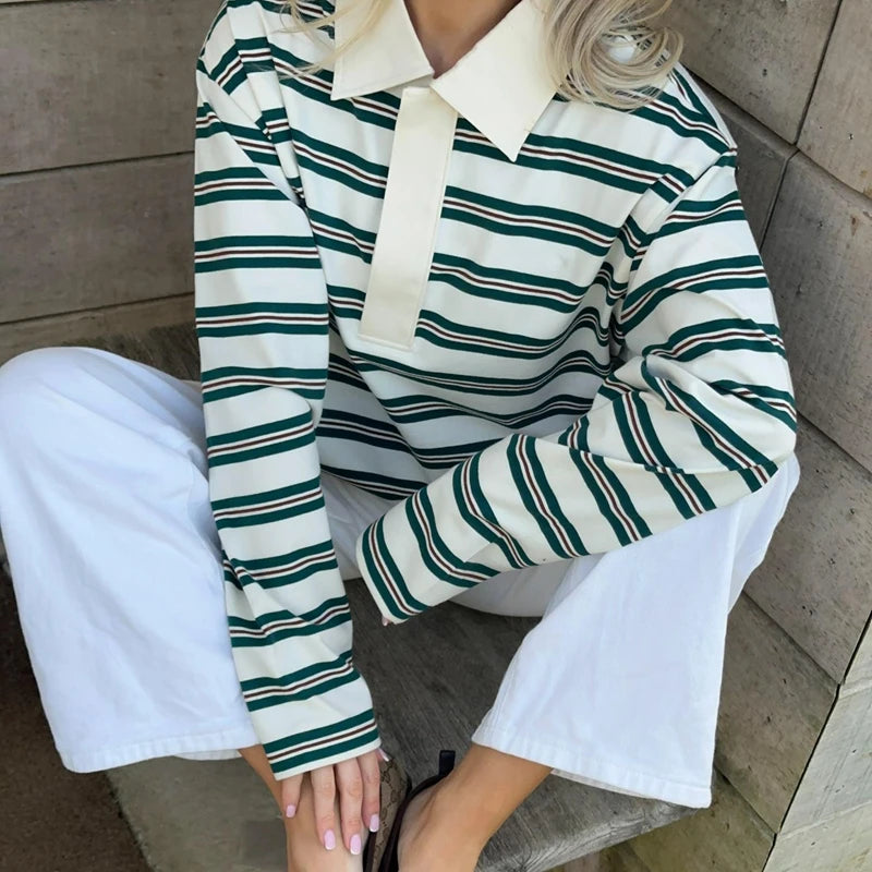 Combhasaki Women Y2K Vintage Retro Sweatshirts Long Sleeve Lapel Button V-Neck Pullover Top Loose Striped Rugby Polo Tee Shirts BAZAARHUBO