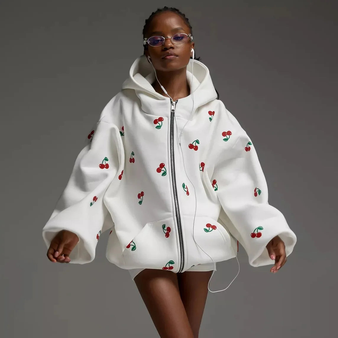 Women's Cherry Printed Sweatshirt Jacket 2025 Autumn Street Style Fashion Trendy Brand Loose Versatile Sports Hoodie Female New