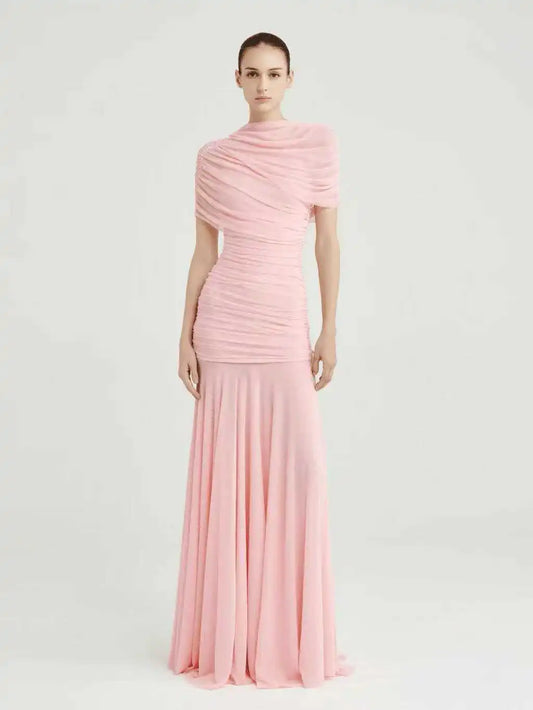 High Quality 2026 Women Ruched Maxi Dress Asymmetric Draped Sleeve High Neck Bodycon Mermaid Formal Evening Party Gown