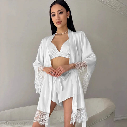 Women's Sexy Night Gown Robe V-Neck Satin Lace Bathrobe Half Sleeve Nightdress Female French Sexy Silky Satin Sleepwear