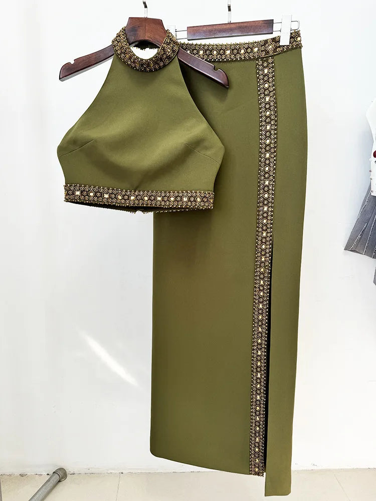 HIGH STREET Newest Fashion 2026 Designer Runway Suit Set Women's Diamonds Beaded Halter Tops Camis Long Skirt Set 2pcs