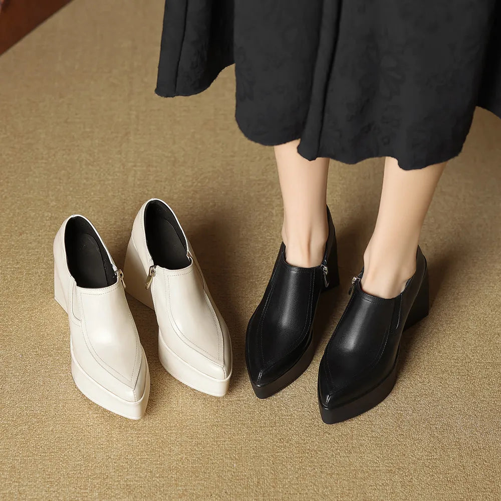 Aucegi New Spring Autumn Women Genuine Leather Pumps Classic Style Pointed Toe Platform Chunky Heel Retro Zipper Handmade Shoes