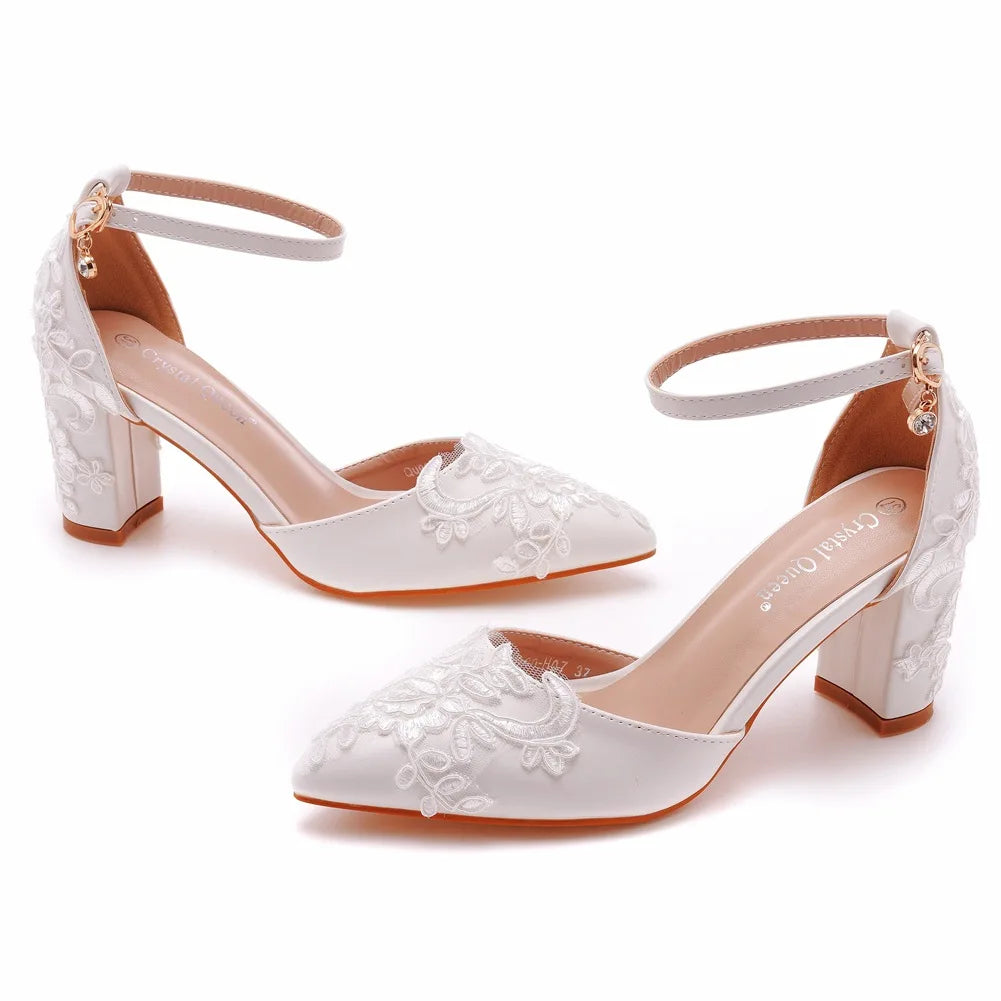 White Lace Wedding Shoes Thick Flower High Heels Women Bridal With Low Mouth Buckle 7CM Sandals Pumps