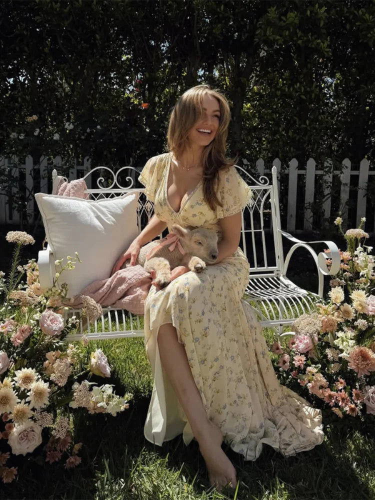 Vintage Print High Neck Midi Dress Belted Waist Bell Sleeve Flared Hem 2026 Summer Spring Chic Women Elegant Wedding Guest Gown