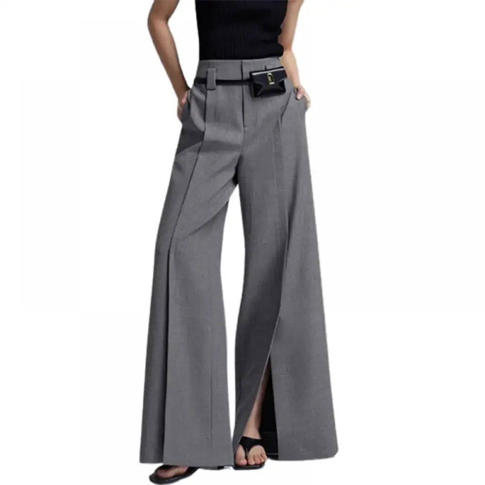 Yeezzi Women Business Suit Pants High Waist Pleated Split Front Trousers Black