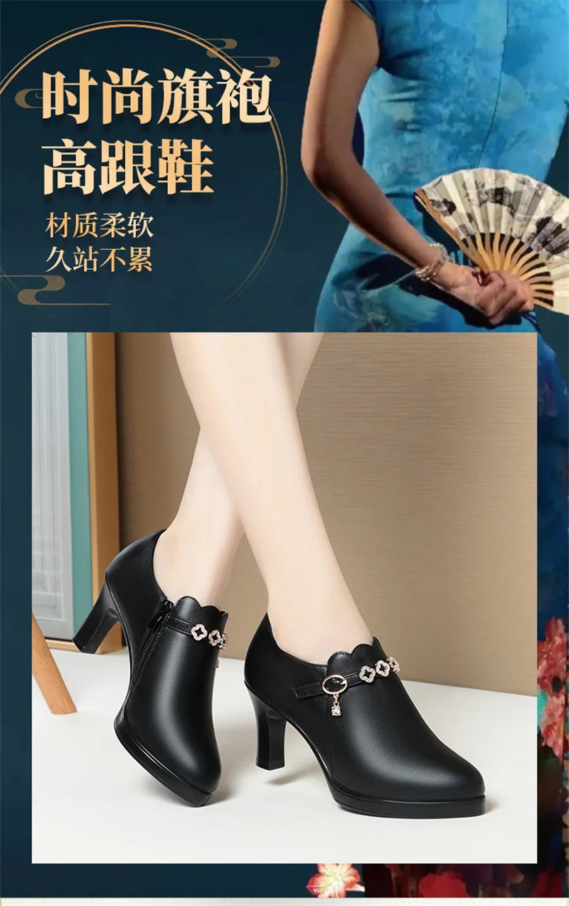 Temperament Fashionable And Versatile Deep Mouth Spring And Autumn Comfortable High Heels Soft Sole Soft Side Single Shoes