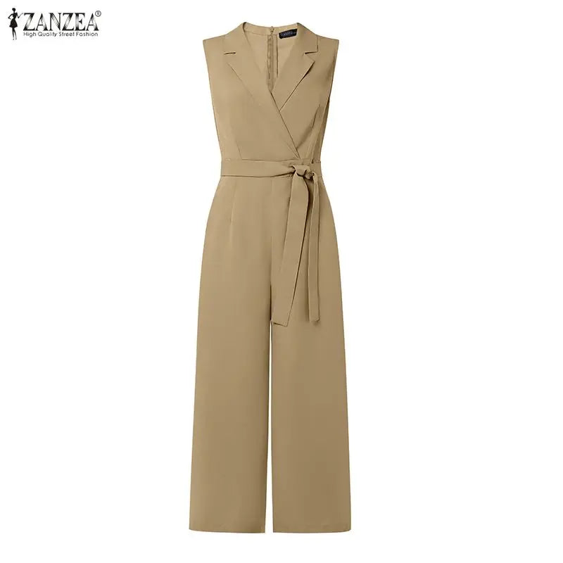 Fashion Women Jumpsuits ZANZEA 2026 Summer Rompers Lapel Neck Sleeveless Playsuit Elegant OL Work Wide Leg Overalls Trousers