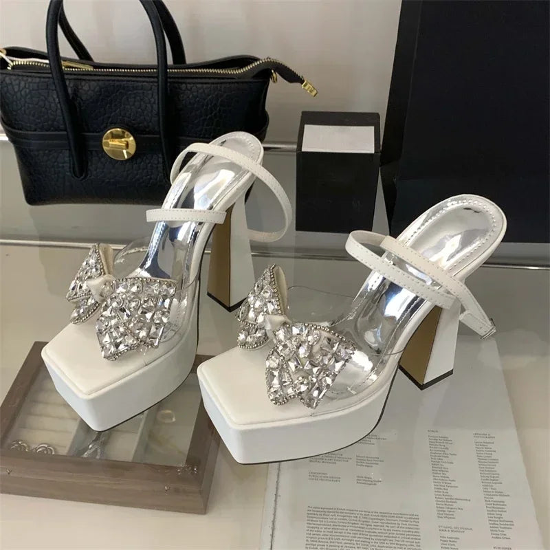 Luxury Rhinestone Transparent Platform Sandals Women Open Toe Summer Fashion Slingback Party Dress Shoes Crystal Bow High Heels