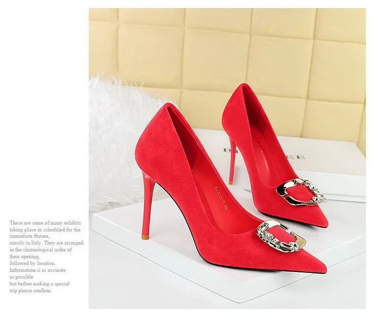 BIGTREE Shoes Metal Rhinestone Belt Buckle Women Pumps Suede High Heels Luxury Banquet Shoes Sexy Party Shoes Women Stilettos