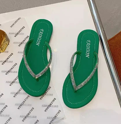 Lady New Luxury Crystal Thongs Shoes Flats Summer Flip Flops For Girls Outdoor Simple Leisure Slippers In Gold Silver 35-43 25cm