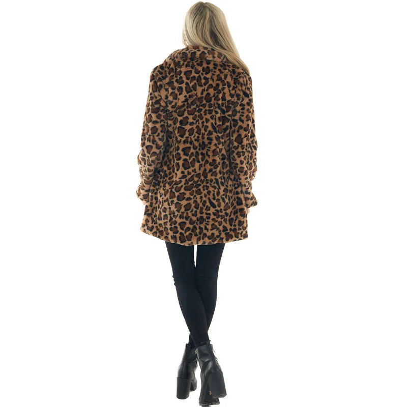 Women Winter Warm Faux Fur Coat Fashion Casual Turn-down Collar Leopard Jackets Ladies Streetwear Long Sleeve Pockets Overcoats
