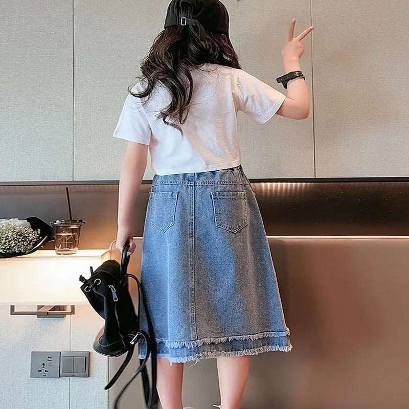 School Girls Denim Skirt Spring Summer New 2025 Casual Skirt for Children Fashion Teenage Kids Skirt 9 13 14 Years