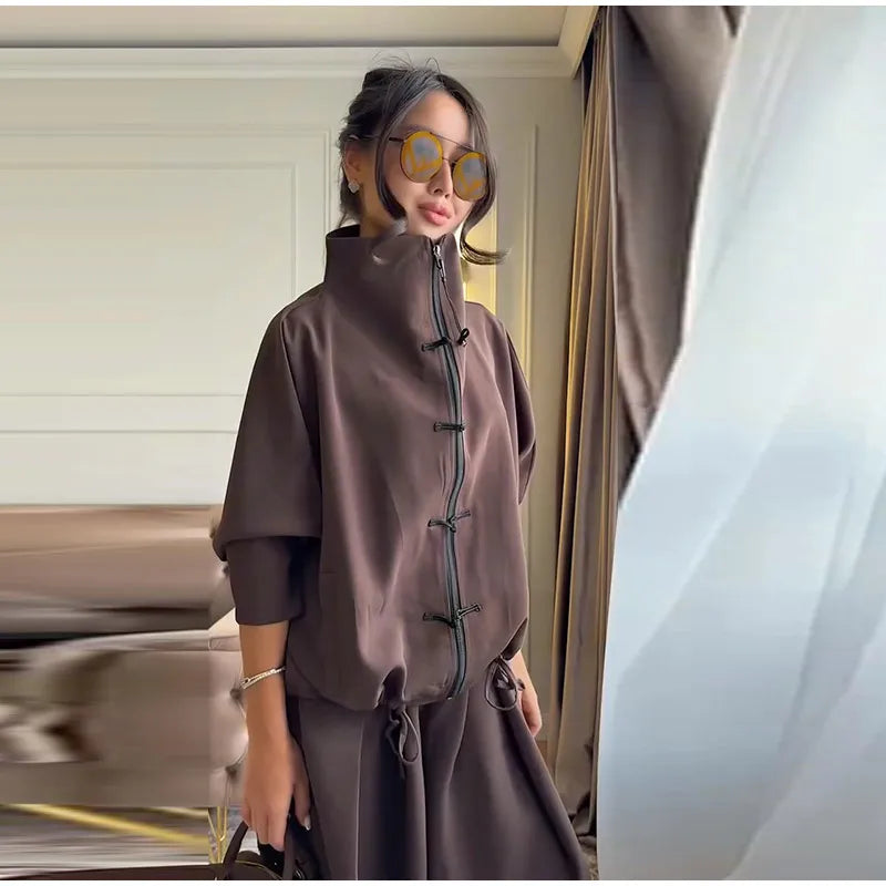 Casual Zipper Shirt Pants Suit Women Solid Button Stand Collar Drawstring Shirts Loose High Waist Trousers 2026 Spring Set Lady