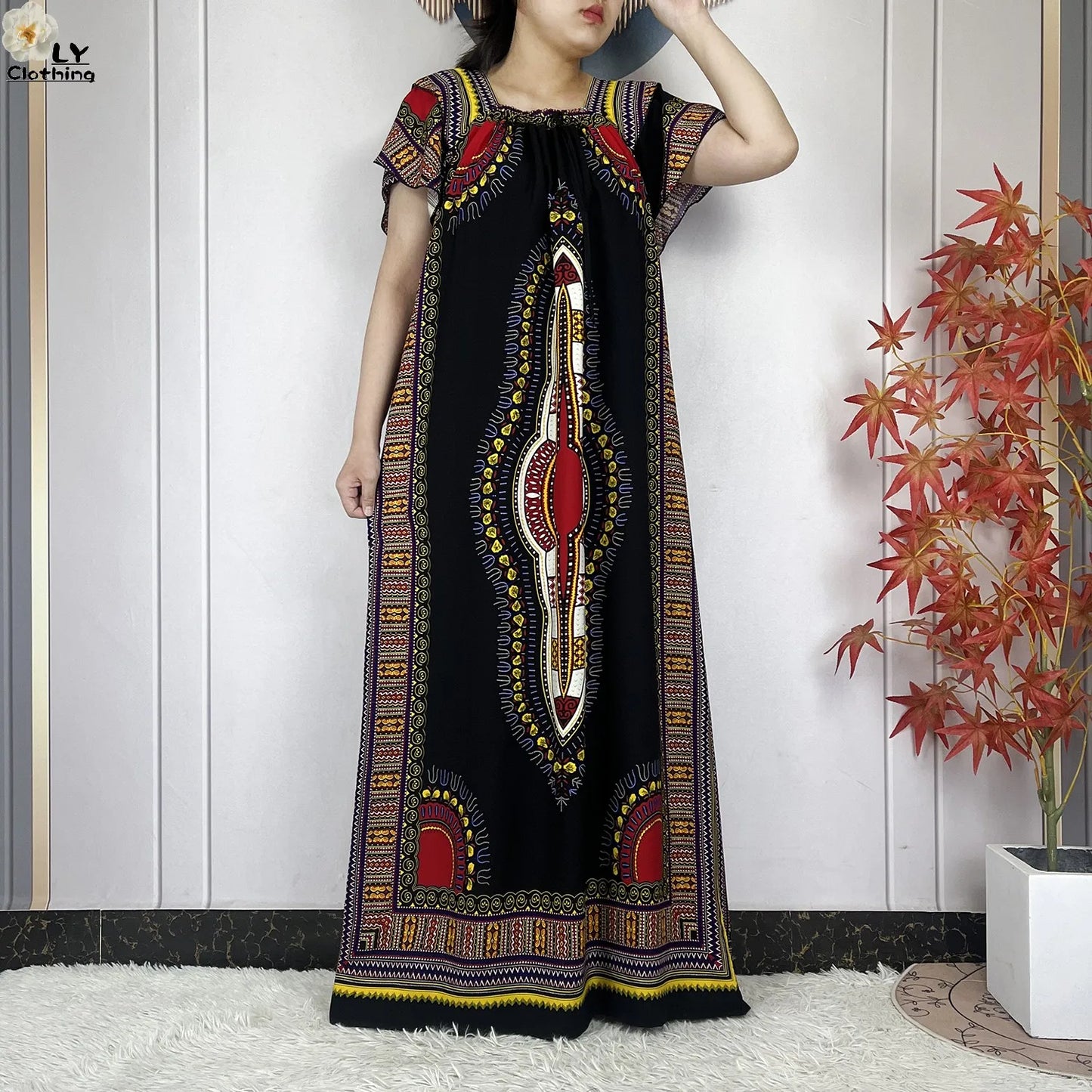New Style African Abaya Summer Fashion Short Sleeve For Women Dress Cotton Boat Neck Loose Caftan Dubai Islam Femme Elegant Robe