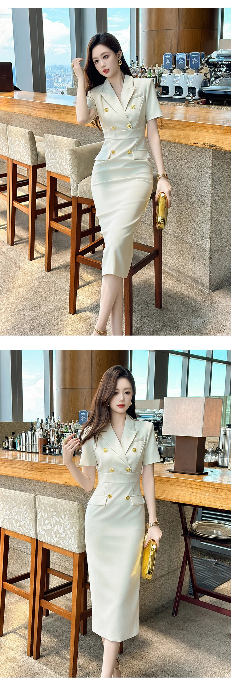 Elegant Office Lady Classic Business Formal Pencil Dress Women Clothes Blazer Commute Short Sleeve High Waist Slim Midi Vestidos