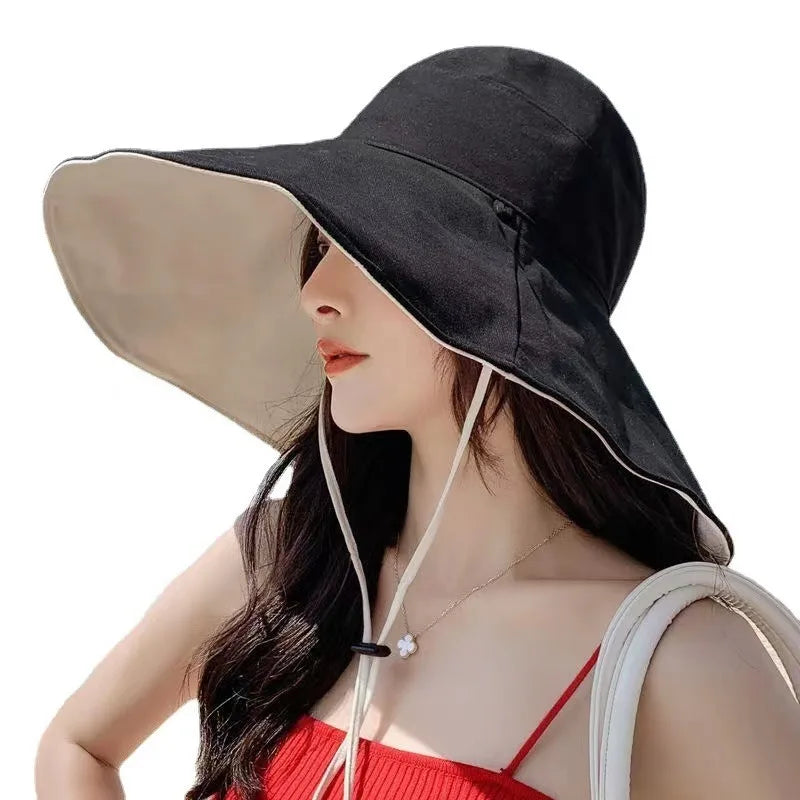 Wide Brim UPF 50+ Sun Hat Women Anti-UV Protection Hiking Fisherman Cap Fold Summer Solid Beach Hat 2024 Double sided Sun hat BAZAARHUBO