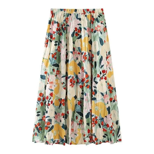 Floral Print Folds Bohemian A-line Elastic High Waist Women's Skirt Korean Fashion Knee-Length Long Skirts For Women 2023 Summer