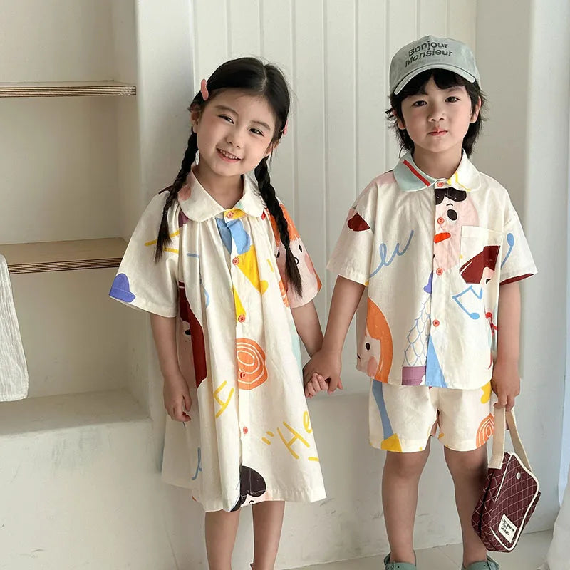 Loose Fit Summer Kids Clothes Set Girls Cute Graffiti Dress Boys Short Sleeved Shirt Children Thin Brother Sisters Outwear Suit