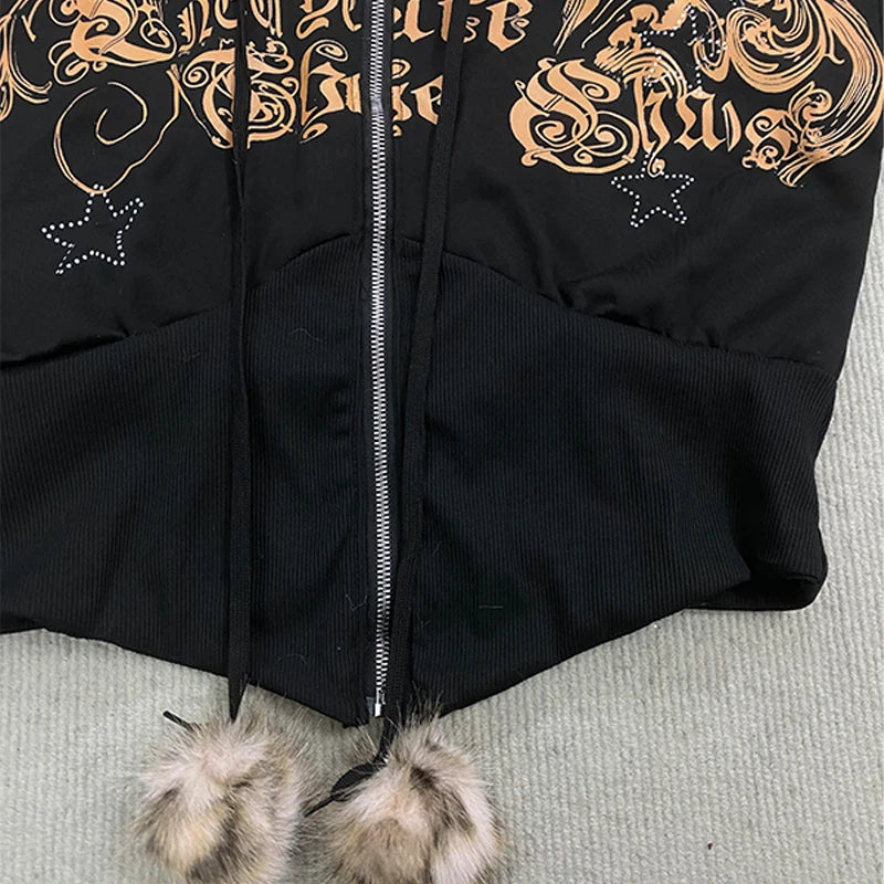Winter Warm Gothic Print Hoodie Women's Clothin Faux Fur Crop Top Zip-Up Sweatshirt Fashion Y2K Streetwear Hooded Jacket 2026New