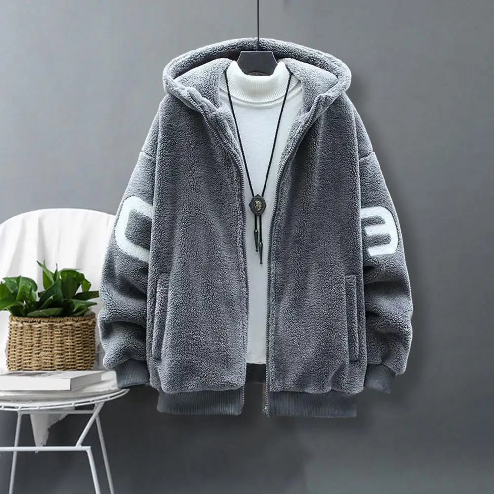Faux Sherpa Thickened Men Jacket Zipper Closure Pockets Hooded Jackets Casual Thickened Sherpa Lining Winter Warm Men's Jackets