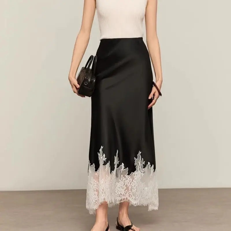 Elegant Lace-Trim Satin Midi Skirt Women Summer High Wasit Wrapped Hip Slim Long Skirts Fairy Fashion Office Women Clothing New