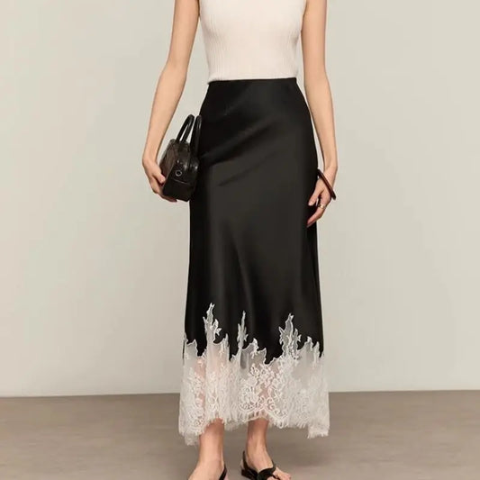 Elegant Lace-Trim Satin Midi Skirt Women Summer High Wasit Wrapped Hip Slim Long Skirts Fairy Fashion Office Women Clothing New