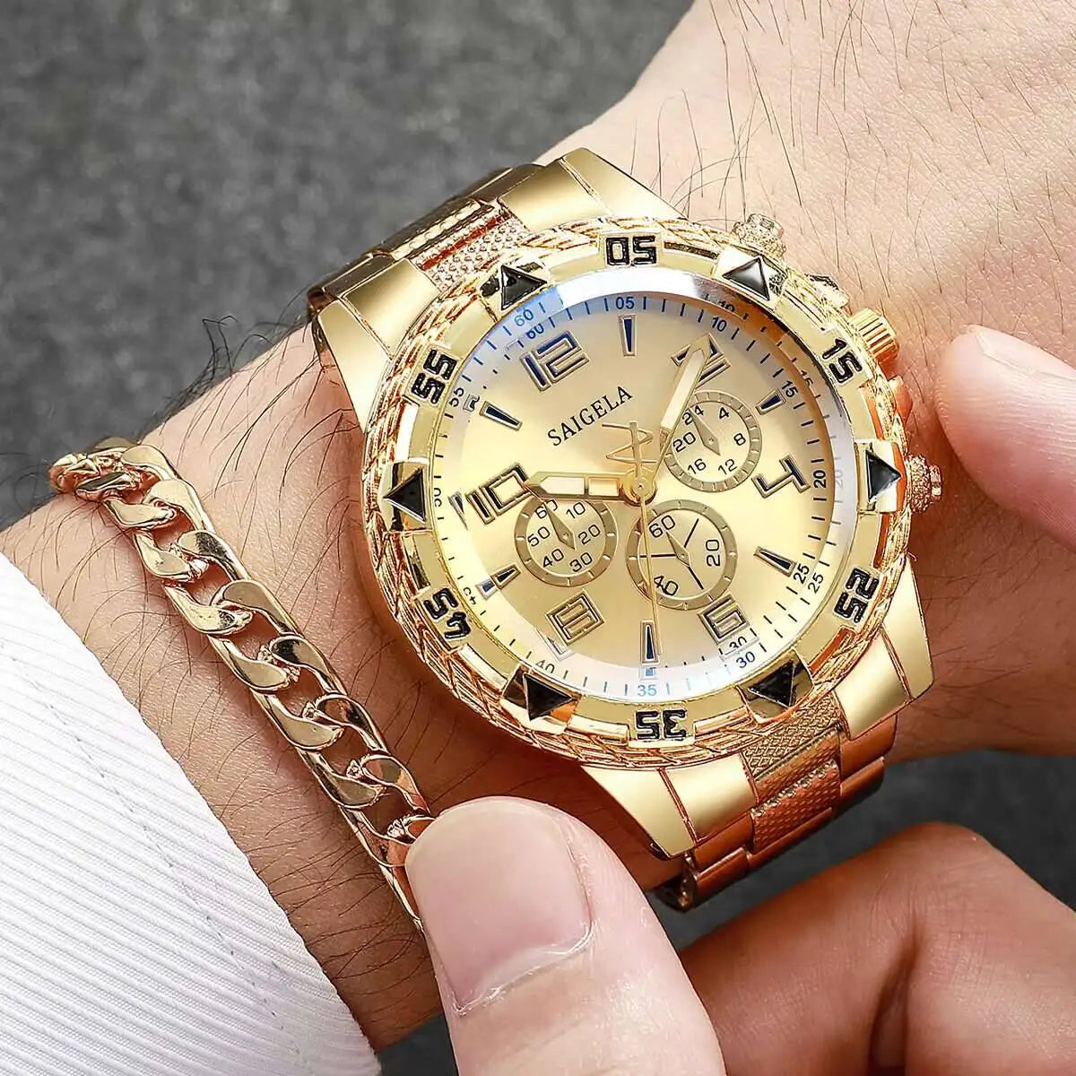 3PCS/Set Fashion Men's Quartz Watch Luxury Large Dial Men Business Watches Necklace Bracelet Set Reloj Hombre（Without Box）