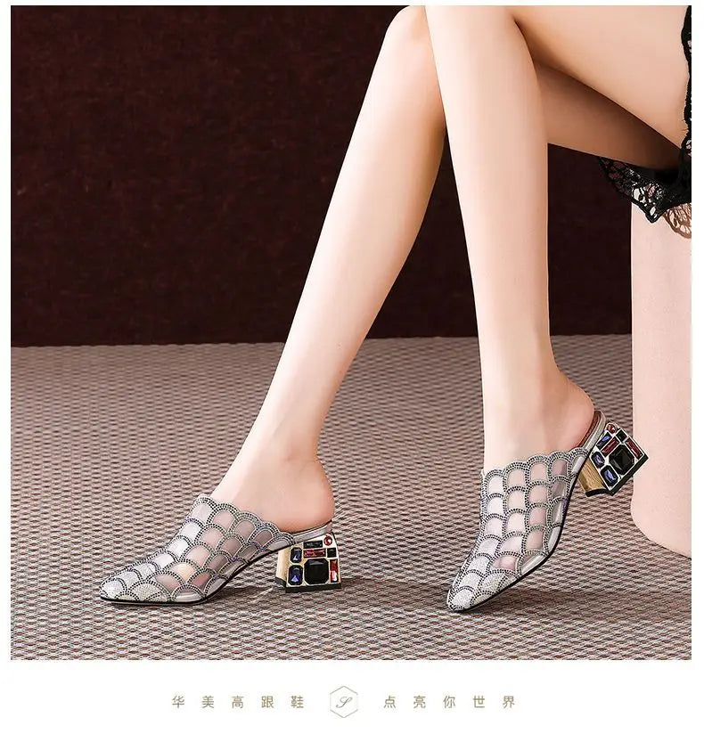 Crystal Half Slippers Female Thick Heels 2023 New Summer Fashion Outside Wear Medium Heel Mesh Cool Female Soft  Baotou Sandals