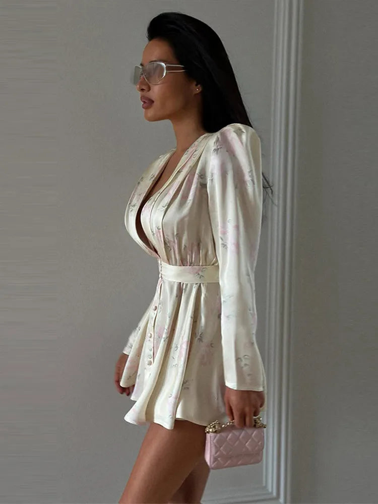 Casual Printed Mini Dress Women Full Sleeve Button V-neck Lady Short Dresses Waist Tape 2026 Spring Summer Female Robe Beach