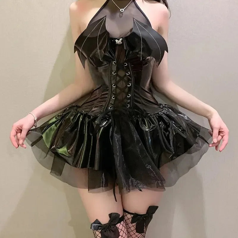 Sexy Cosplay Pu Dress Women Harajuku Streetwear Grunge Bandage Hollow Out Bats Dress Punk Y2k E-girl Mall Gothic Clothes