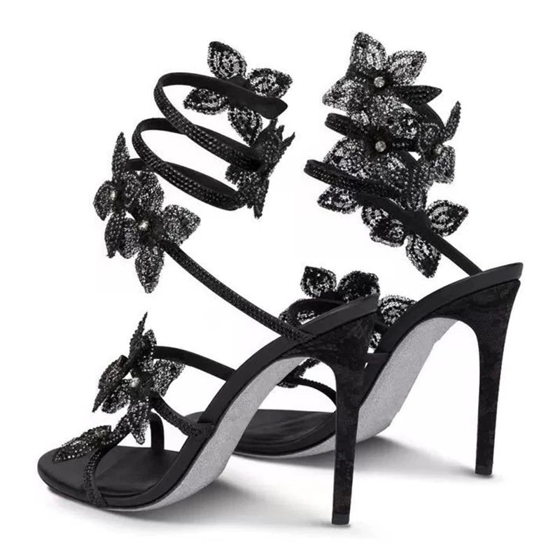 Aneikeh Sexy CRYSTAL Flower Narrow Band Ankle Strap Sandals Woman Thin High Heels Street Style  Pole Dancing Ladies Shoes