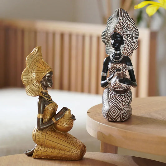 African Woman Statues Resin Tribal Lady Figurines Black Gold Home Decor Ethnic Ornaments for Living Room