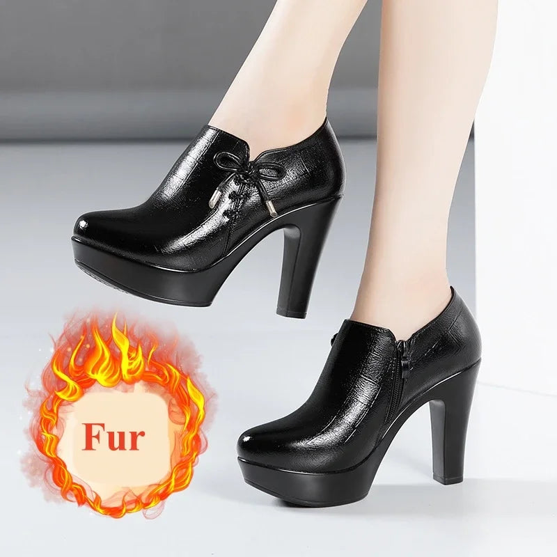 10cm Small Size 32-43 Elegant Black Bow Deep Mouth Thick Bottom Platform Pumps 2026 Winter Block High Heels Shoes Office Model