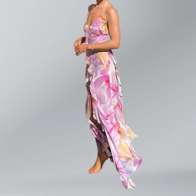Summer New Style Women's Elegant Long Dress For Seaside Vacation Sexy Deep V-neck Suspender Slim Irregular Ruffled Slit Dress