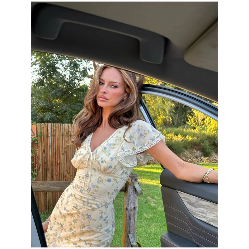 Women Elegant Printed Fishtail Dress Sexy V-neck Short Sleeve Waist-cinching Pleated Slim Maxi Dresses 2026 Lady Vacation Robe