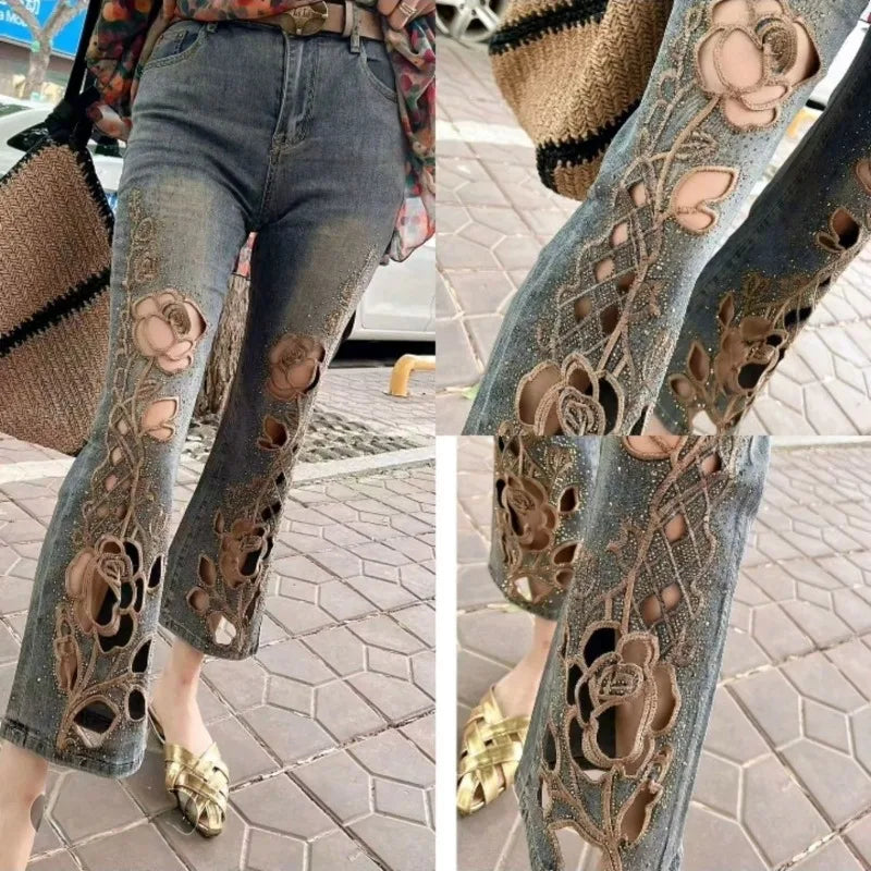 2025 Summer Women New Heavy Industry Hollow Embroidered Jeans Women High Waist Skinny Fashion Versatile Nine-Point Flared Pants