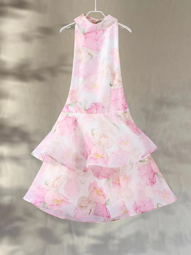 Printed Halter Ruffles Short Dress Women Glamorous Sleeveless Backless Lace Up Party Evening Dresses Chic Ladies Ball Gown New