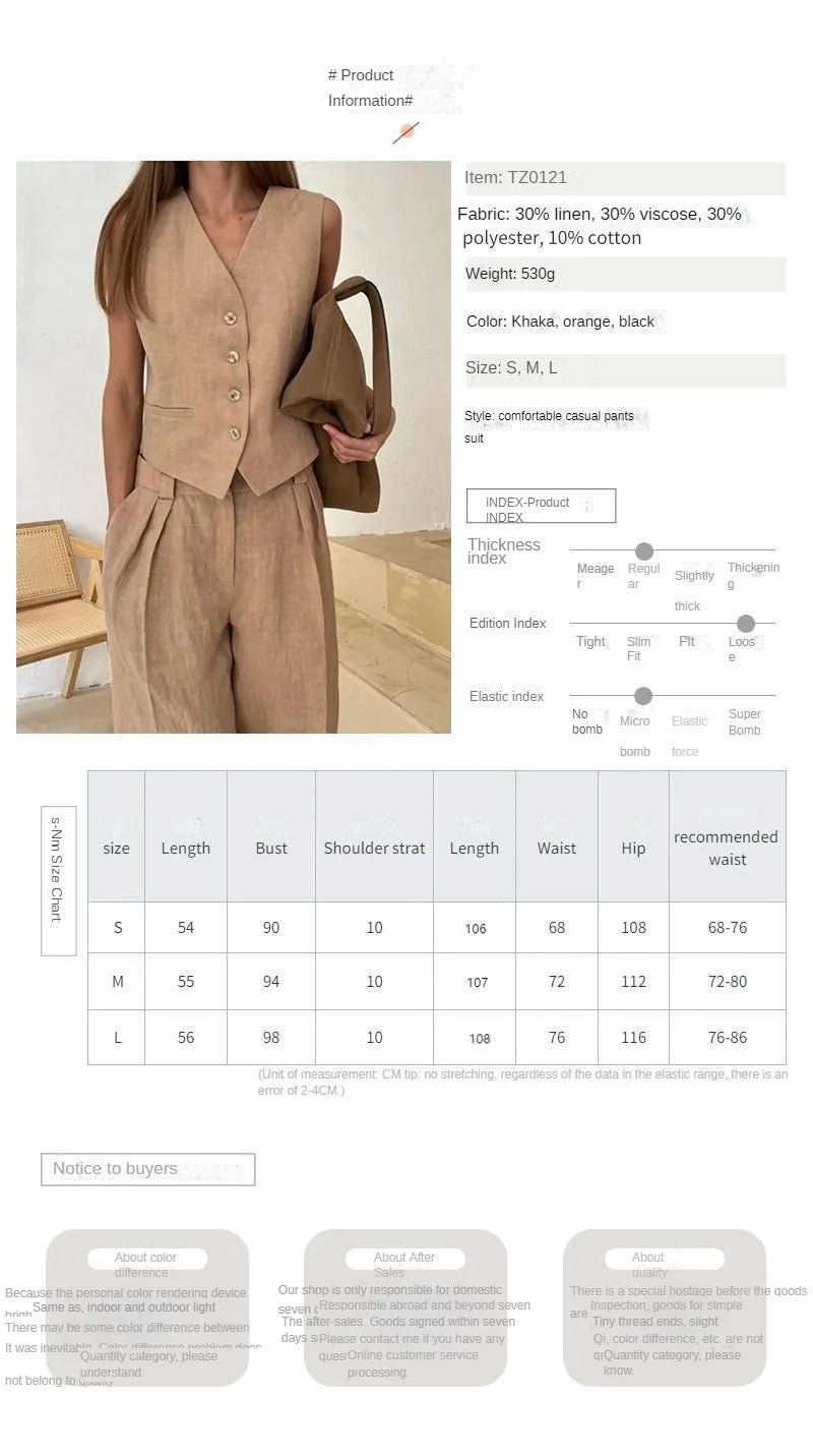 Sleeveless Vest Jacket Top Casual Pants Two-piece Set For Women's Wide Leg Pant Sets Sexy Summer Boho Cotton Linen Ladies Suits