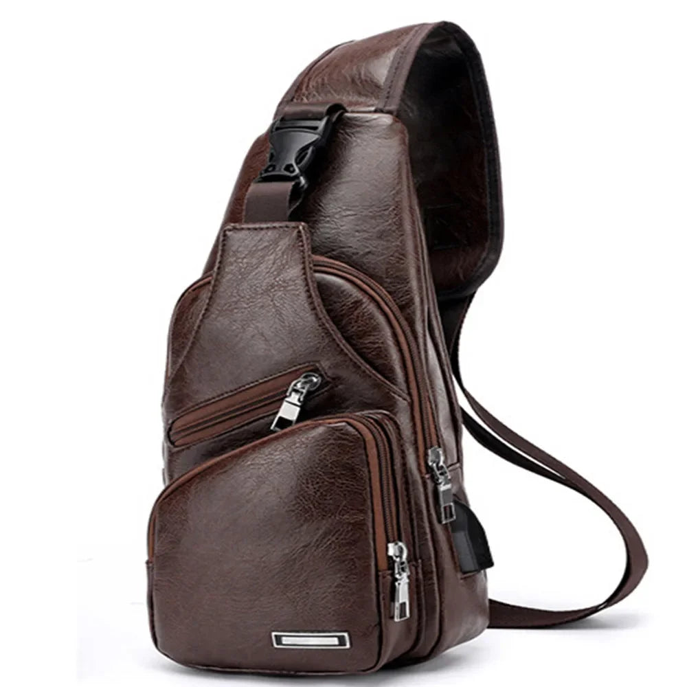 2024 Men's USB Chest Bag Designer Men Messenger Crossbody Package PU Leather Shoulder Bags Package Travel Chest Bag Bolso Hombre