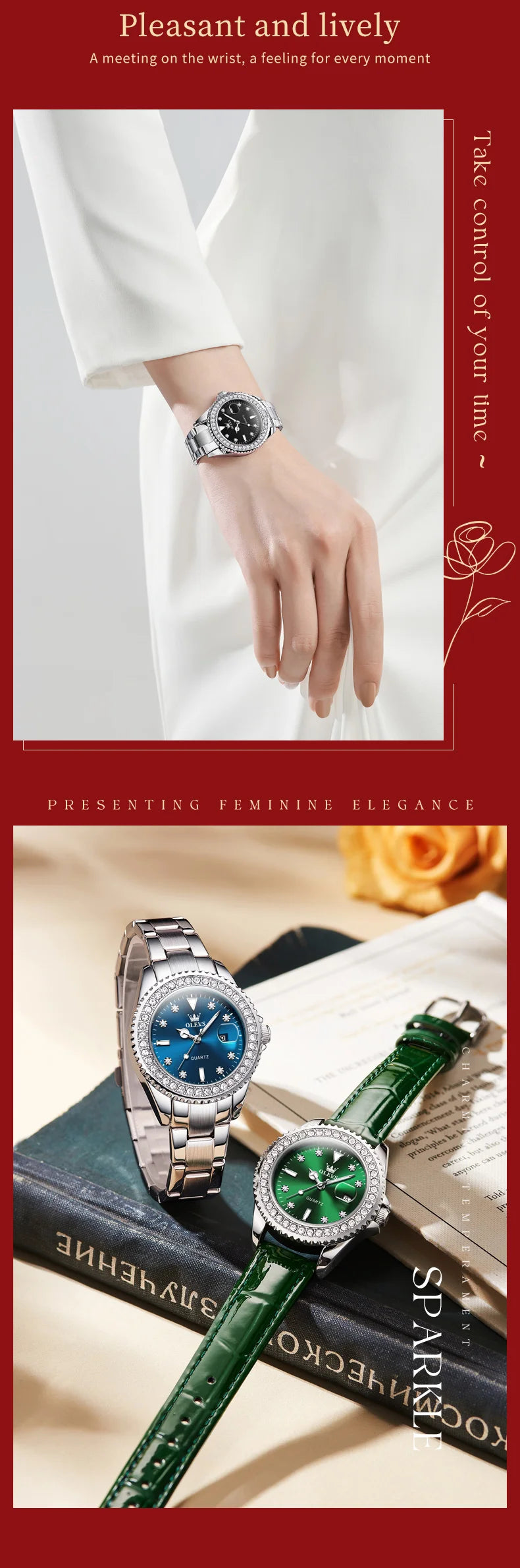 OLEVS New Elegant Women Wristwatch Waterproof Luminous Calendar Ladies Watch Stainless Steel Red Quartz Women's Watches Female