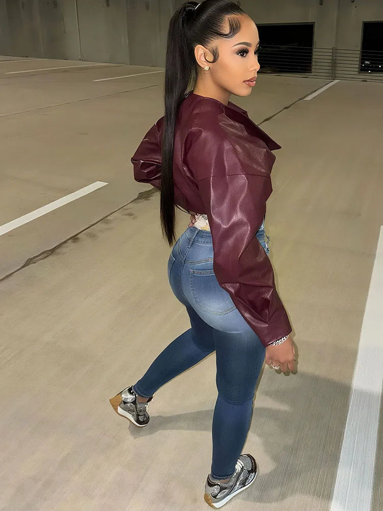 Weird Puss Faux Leather Crop Jacket Women Cross Neck Hipster Single Button Irregular Fall Trend Wild Basic Sexy Streetwear Coat