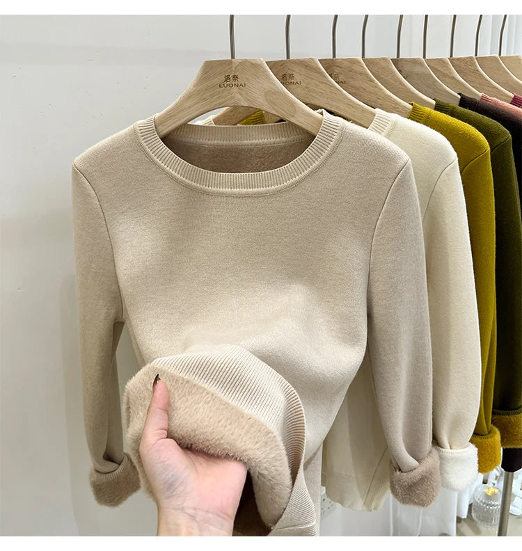 Women's O-neck Velvet Thicken Sweaters Winter Slim Warm Long Sleeve Knitted Tops Casual Plush Fleece Lined Soft Pullovers Ladies